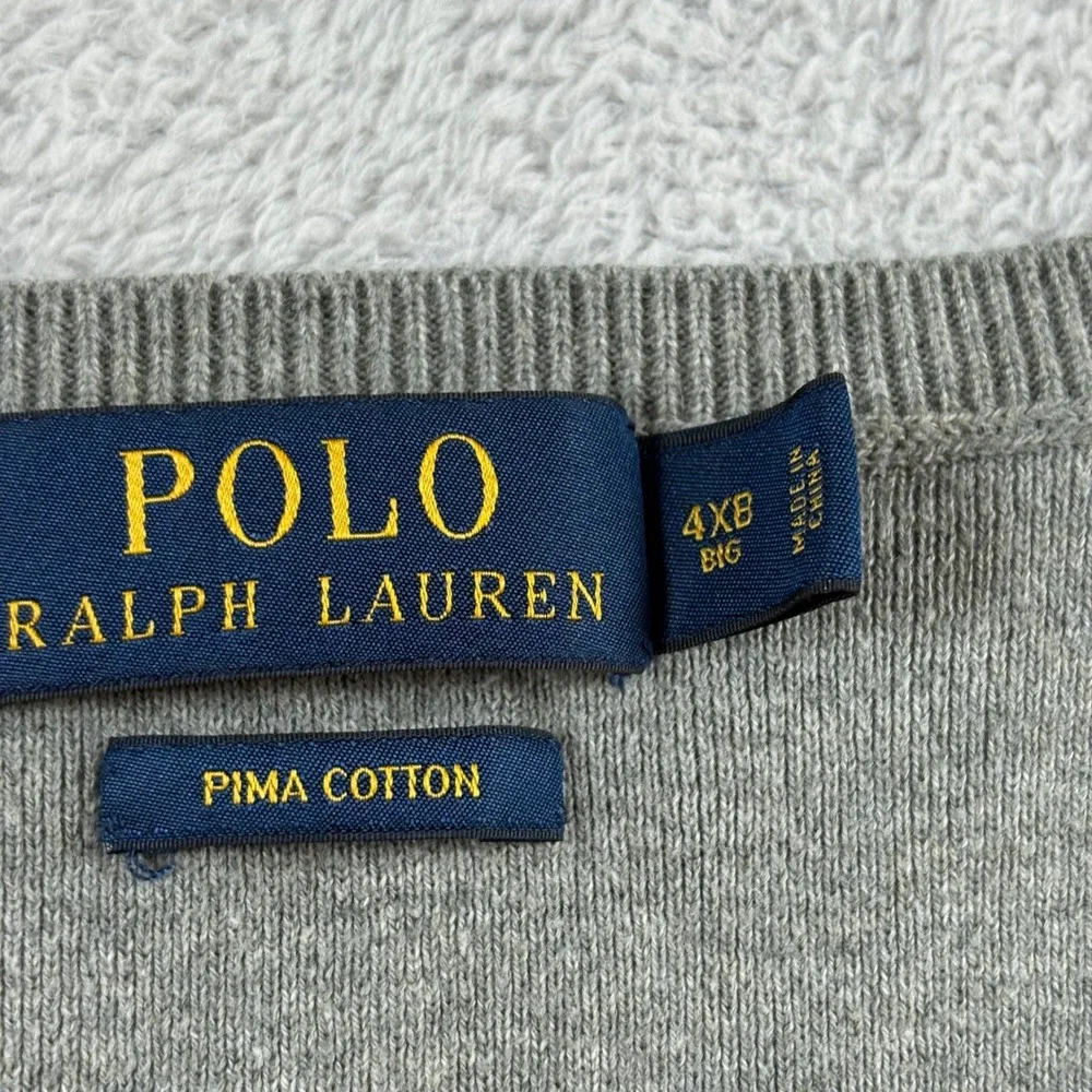 Polo Ralph Lauren Mens 4XB Gray Pima Cotton V-Neck Sweater Big & Tall Logo